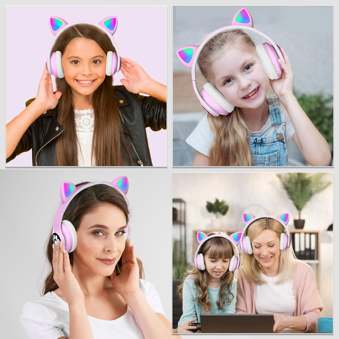 Bluetooth kopfhörer Kinder,Mädchen Katzenohr Kopfhörer Over-Ear mit LED-licht Faltbare Stereo Kopfhö