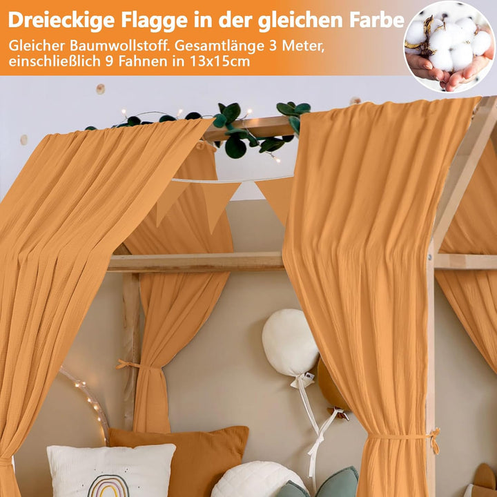 Alishomtll Hausbett Himmel Deko Set, 2 Betthimmel Hausbett aus 100% Baumwolle Musselin, 1 Wimpelkett