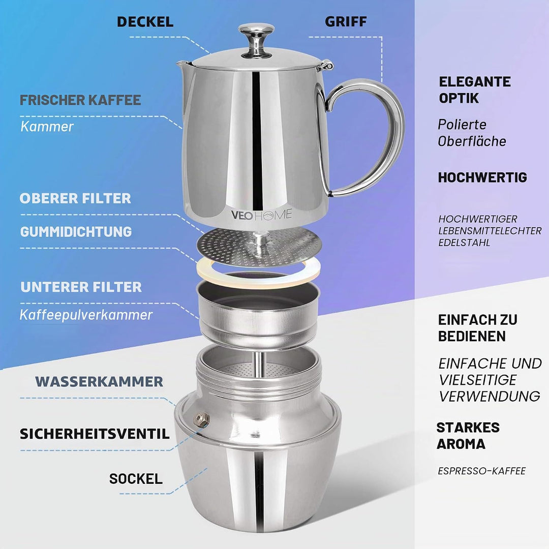 VeoHome Mokka Pot Espressokocher 6 Tassen 300 ml - Edelstahl italienische Mokka kanne Induktionsherd