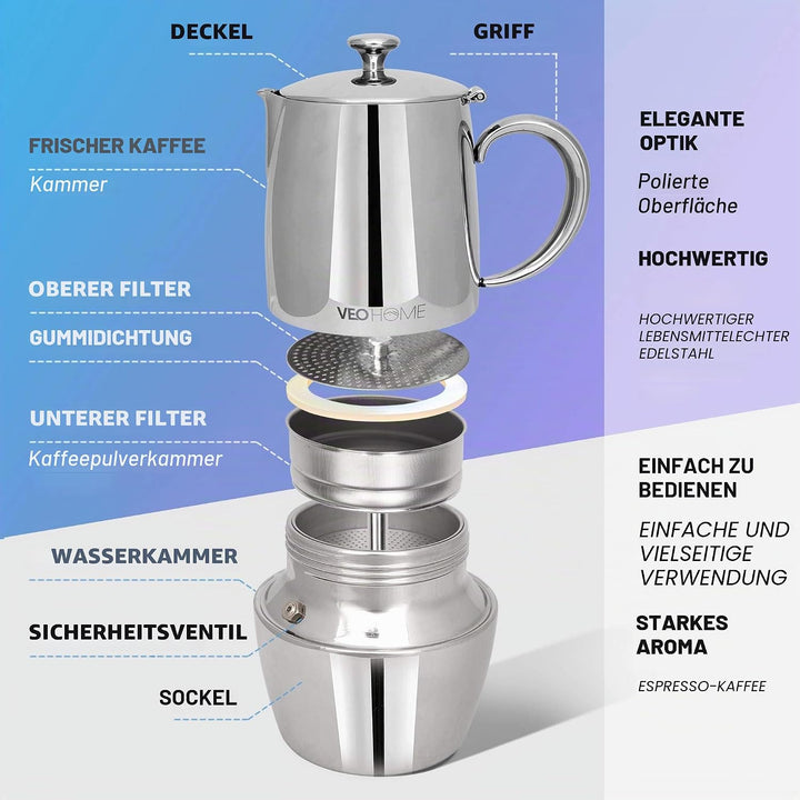 VeoHome Mokka Pot Espressokocher 6 Tassen 300 ml - Edelstahl italienische Mokka kanne Induktionsherd