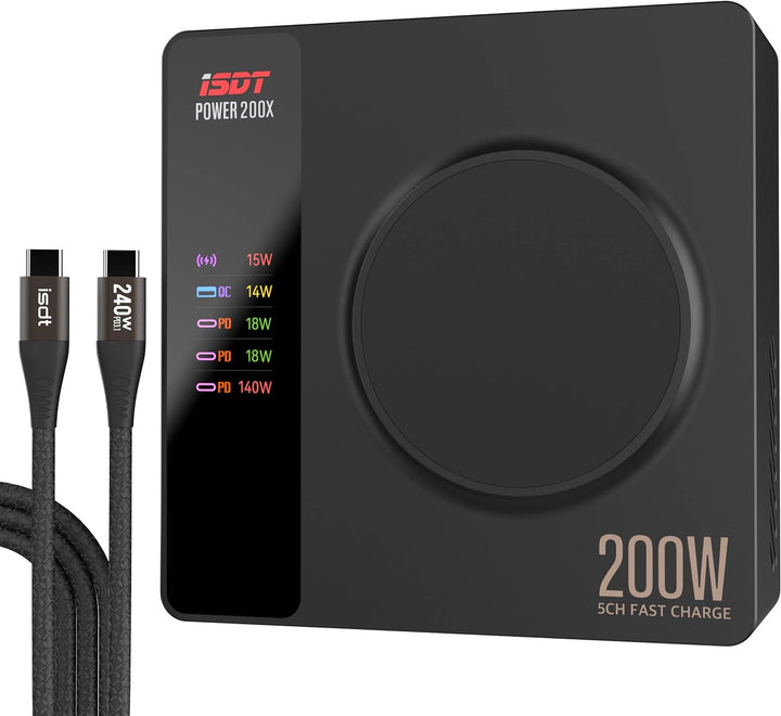ISDT Power 200 Serie USB C Ladegerät,200W Handy Ladegerät mit 4 USB+1 Kabelloses Ladegerät,APP-Verbi