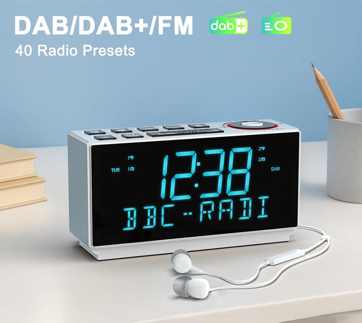 DAB+ & FM-Radiowecker mit Bluetooth, 40 Voreinstellungen, Kopfhörer, Dual-Weck mit Schlummer und Sch