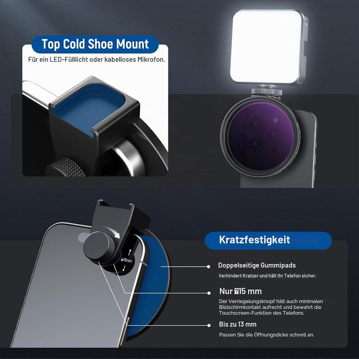 Neewer 67 mm Variables ND2-ND32 Handy-Objektivfilter-Set, Handy-Clip mit Gewindeadapterring/Kaltschu