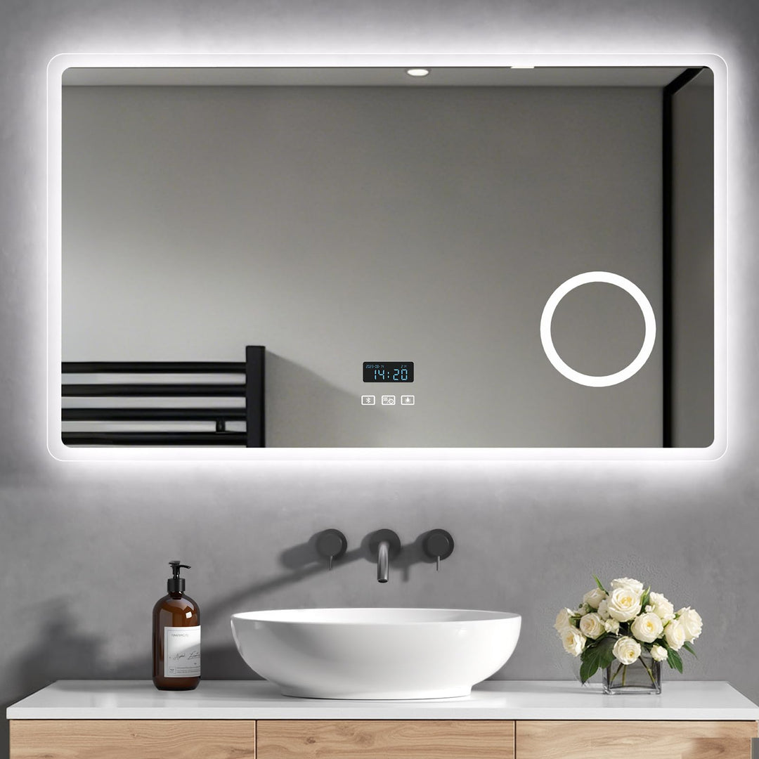 Heilmetz Bluetooth Badspiegel mit Beleuchtung 100x60cm, LED Badezimmerspiegel mit Licht, Uhr, 3 Lich