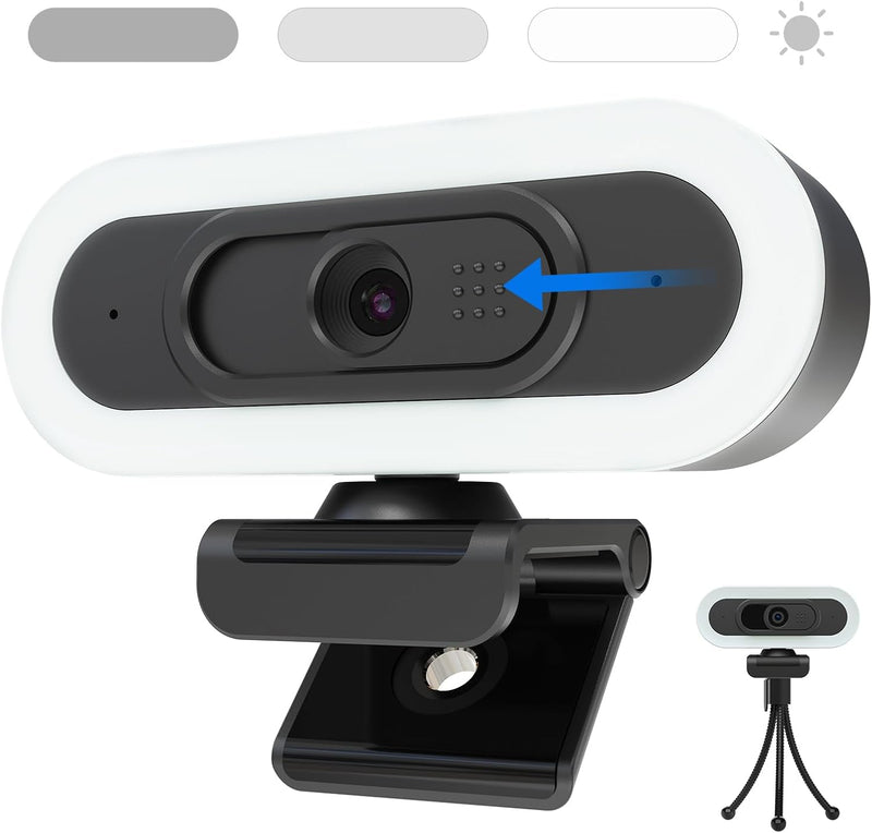 VIZOLINK W4LS Webcam HD 2K/1080P mit Ring-Beleuchtung, Autofokus, Klarer Stereo-Mikrofone, Lichtkorr