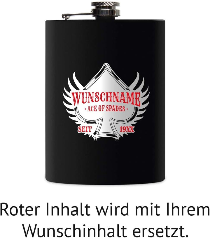 Flachmann Edelstahl Schwarz Matt 237 ml 8 oz individuelle Gravur in Silber - Ace of Spades, Ace of S
