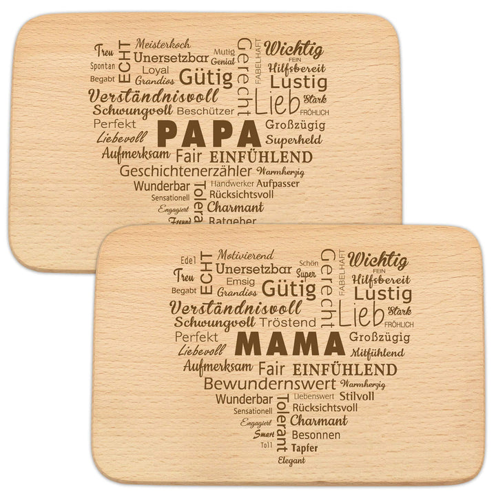 Spruchreif · 2er Set Frühstücksbrettchen Mama und Papa · Brotzeitbrett mit Gravur · Geschenke für El