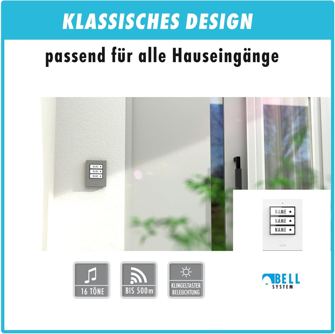 m-e Funkklingel BELL-523 BO Weiss mit Sender und Empfänger für 3-Familienhaus | Erweiterbare kabello