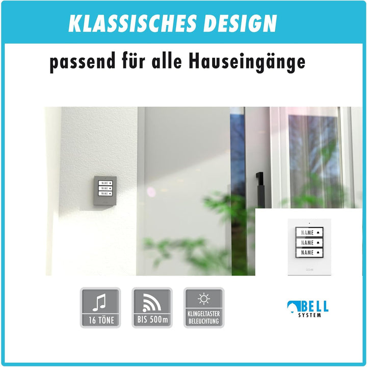 m-e Funkklingel BELL-523 BO Weiss mit Sender und Empfänger für 3-Familienhaus | Erweiterbare kabello