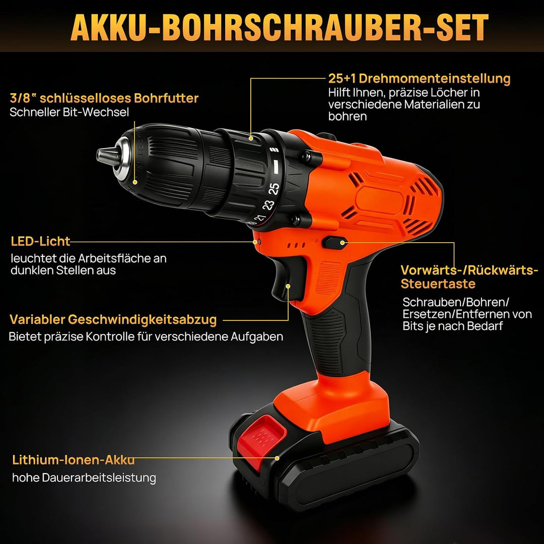 Akku-Bohrmaschine 21V Akkuschrauber Set mit 1.5 Ah Akku, Akku Bohrschrauber Set 25+1 Drehmomentstufe