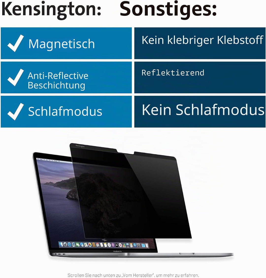Kensington Laptop Blickschutzfilter für Apple MacBook Pro 15 Zoll - Reduzierung von Blendwirkung und
