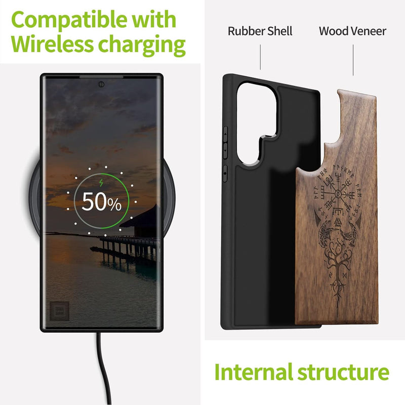 Carveit Handyhülle für Galaxy S23 Ultra Case [Holz und TPU Silikon Hybrid hülle] Stossfeste Stosssta