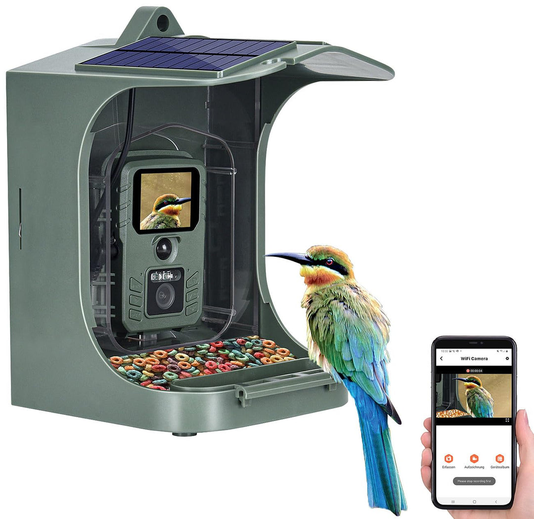 VisorTech Vogelkamera: Solar-Vogelhaus & Futterstelle mit WLAN-Full-HD-Kamera, Akku, PIR, App (Vogel