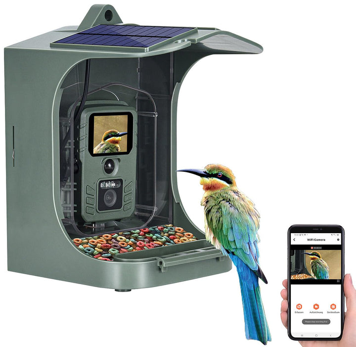 VisorTech Vogelkamera: Solar-Vogelhaus & Futterstelle mit WLAN-Full-HD-Kamera, Akku, PIR, App (Vogel