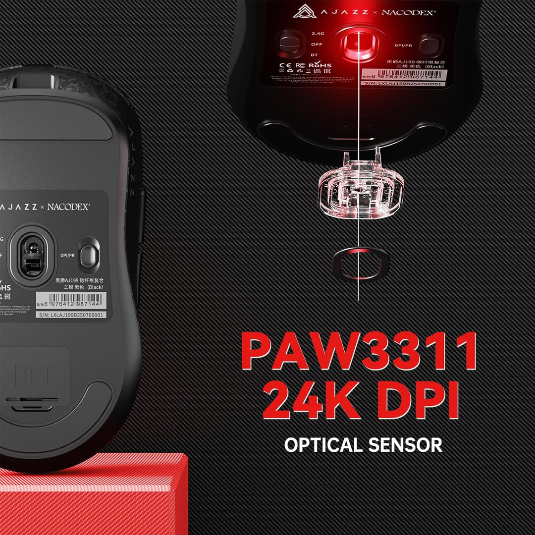 A.JAZZ AJ199 Carbonfaser-Gaming-Maus, Kabellos 2,4G/BT/USB-C Tri-Mode, Ultraleicht 55g, Optischer Pi