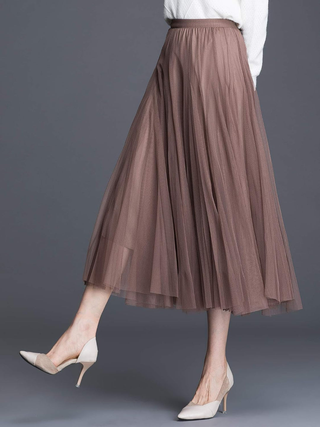 Damen Tüllrock Midi Faltenrock Hoher Bund Schick Rock Elastisch Taille Drapiert Stoff, Braun