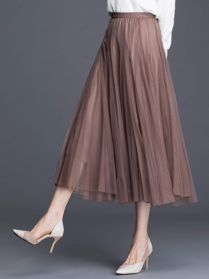 Damen Tüllrock Midi Faltenrock Hoher Bund Schick Rock Elastisch Taille Drapiert Stoff, Braun