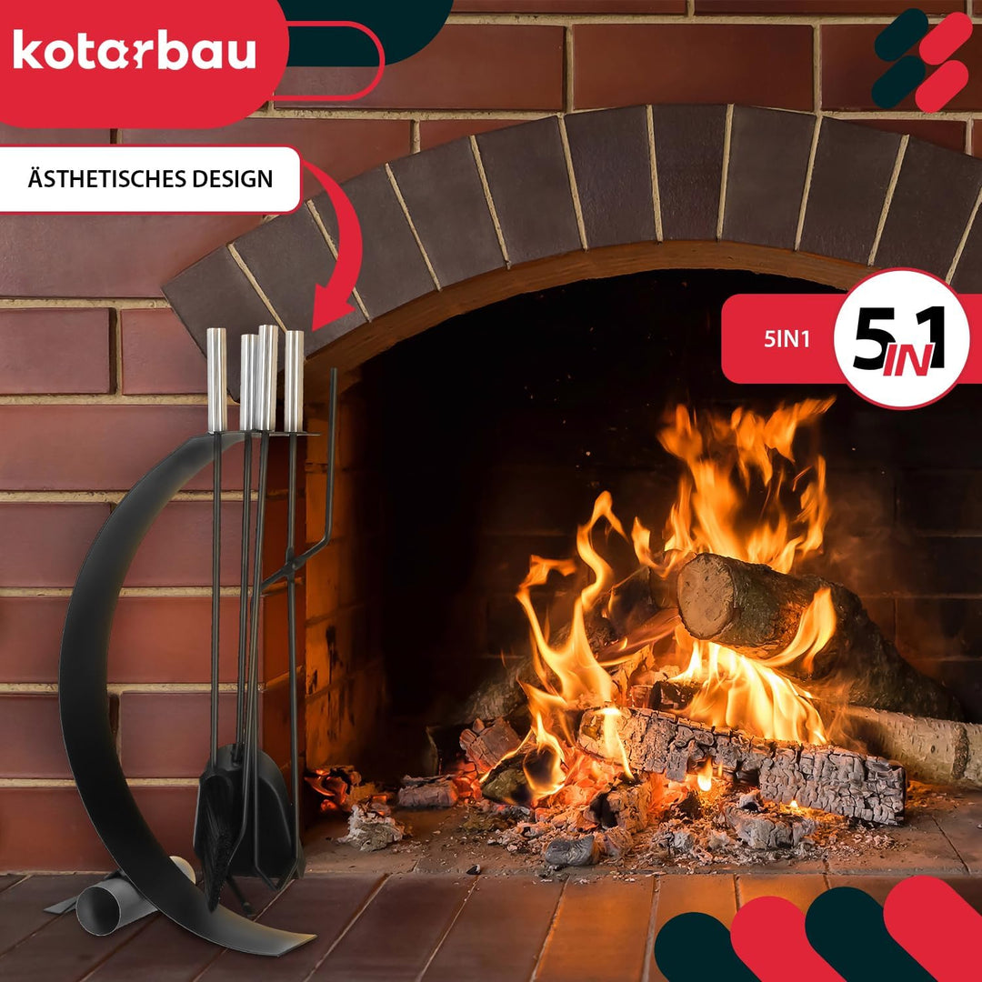 KOTARBAU® Kaminbesteck Schwarz Modern Ofenbesteck Stahl Kaminofen Zubehör Kamingarnitur Set Bürste S