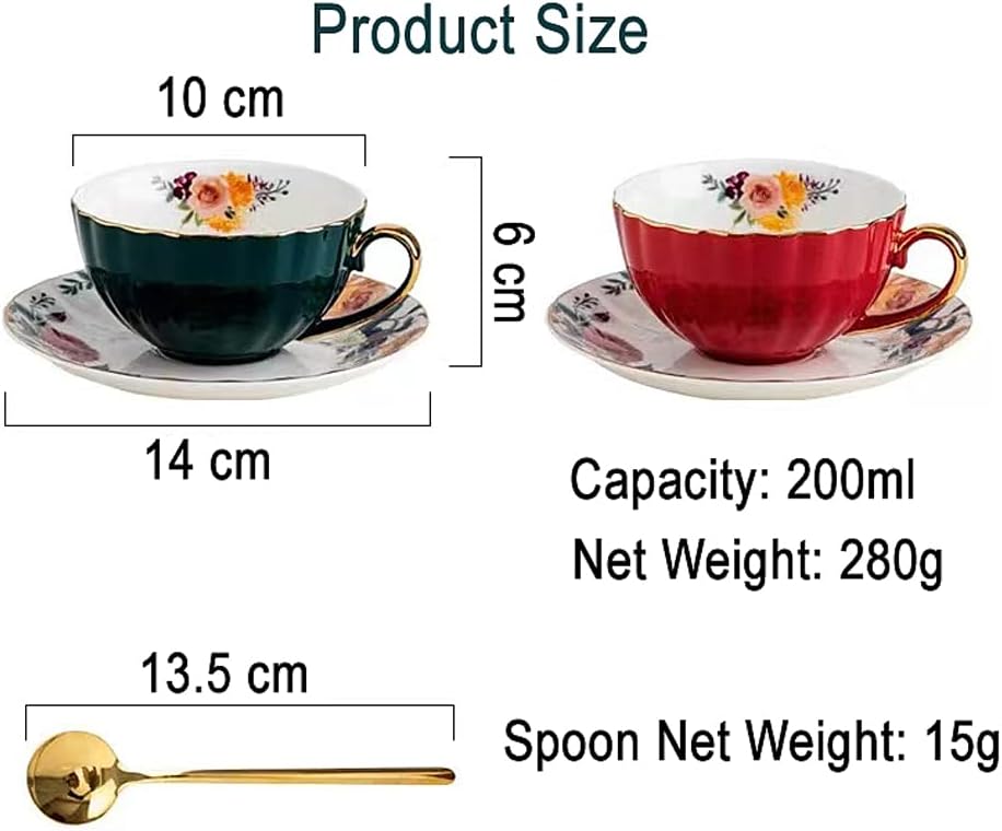 Porzellan Teetasse mit Untertassen und Löffel, 2 Satz von 8 oz Floral Kaffeetasse mit Goldrand Halte