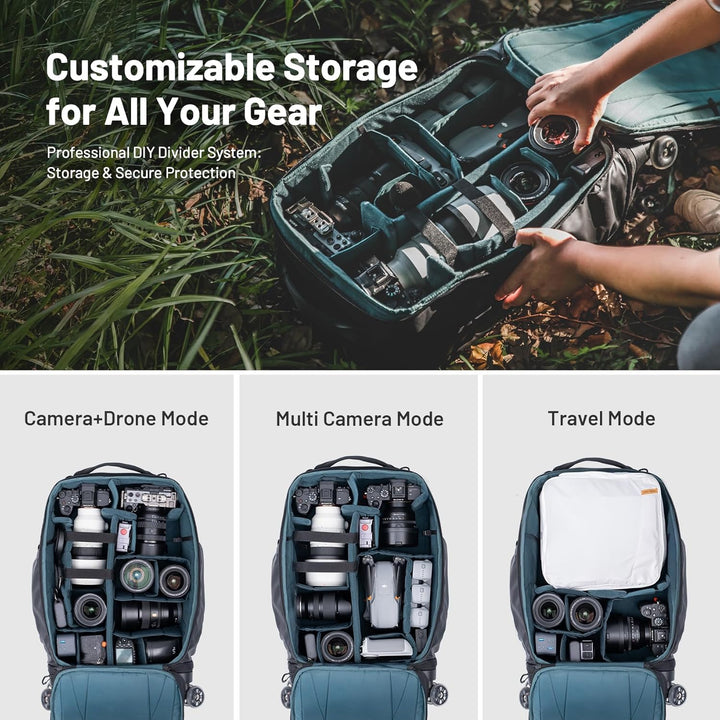 PGYTECH 2 in 1 Kamera Rucksack mit Rollen, DSLR/SLR/Spiegellose/Stativ Fotorucksack für Reisen Fotog