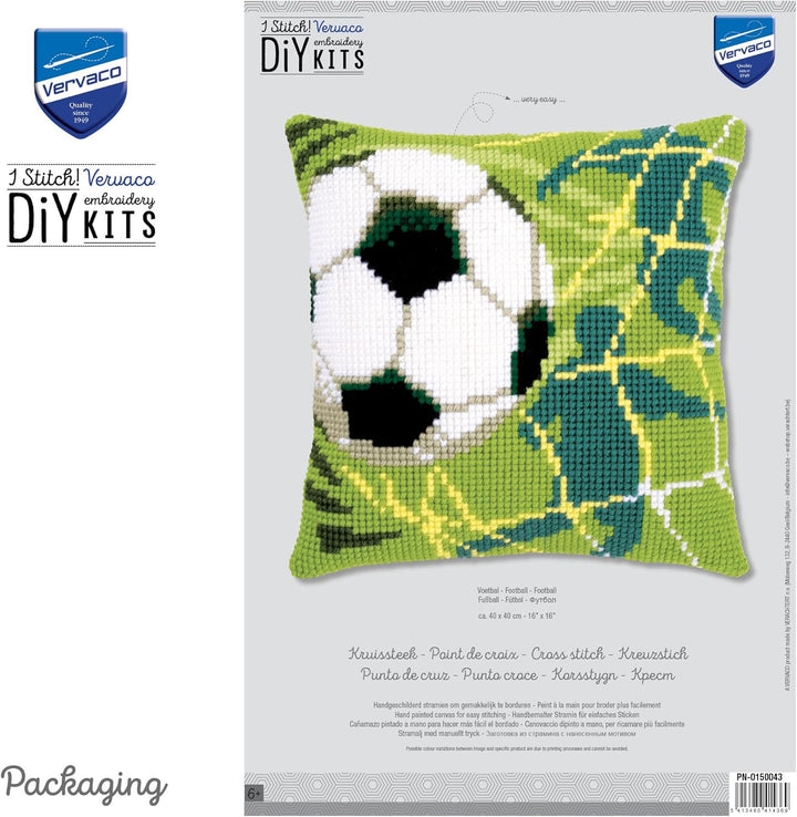 Vervaco Fussball Kreuzstichkissen/Stickkissen vorgedruckt, Baumwolle, Mehrfarbig, 40 x 40 x 0.3 cm