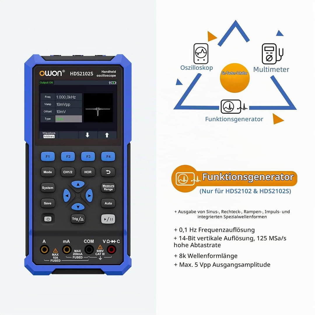 OWON HDS2102S Handheld Oszilloskop, 20000 Counts Digital multimeter, 2Kanal Digitaloszilloskop Tragb
