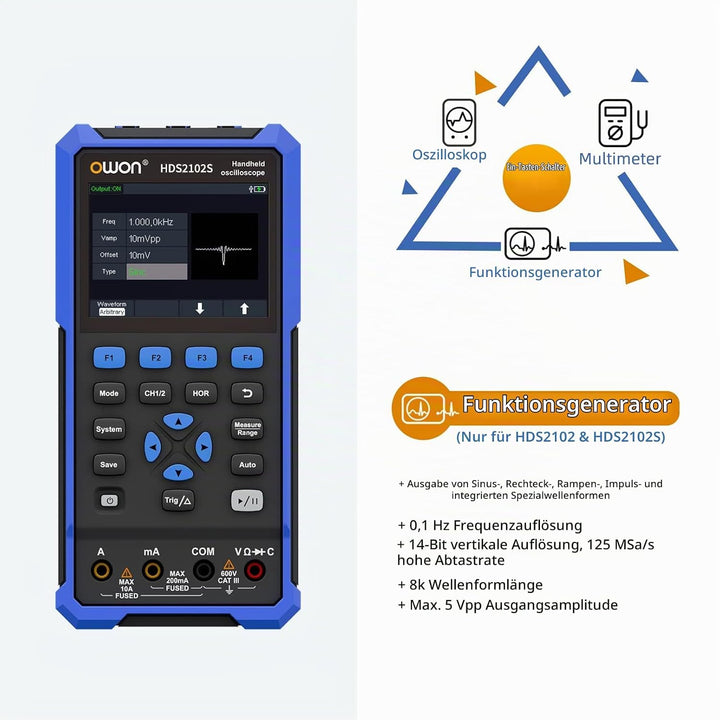 OWON HDS2102S Handheld Oszilloskop, 20000 Counts Digital multimeter, 2Kanal Digitaloszilloskop Tragb