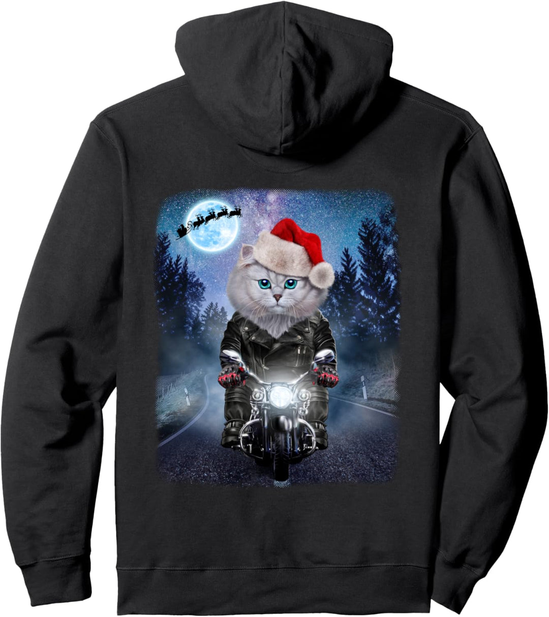 Weisse Katze, die Weihnachtsmütze auf Motorrad trägt Pullover Hoodie