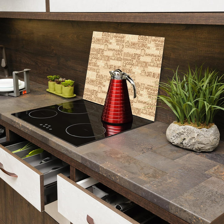 SmartDecoration Herdabdeckplatte Ceranfeldabdeckung aus Glas 60x52 cm Einteilig Motiv "Kaffee" Beige