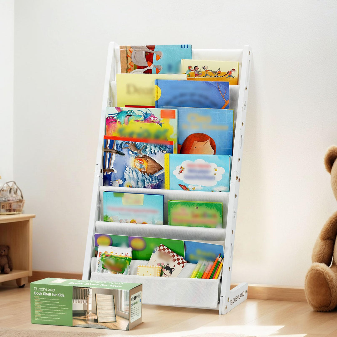 COSYLAND Bücherregal Kinder mit 6 Oxford-Stoff Fächern - Kinderbücherregal aus Naturholz - Bücherreg