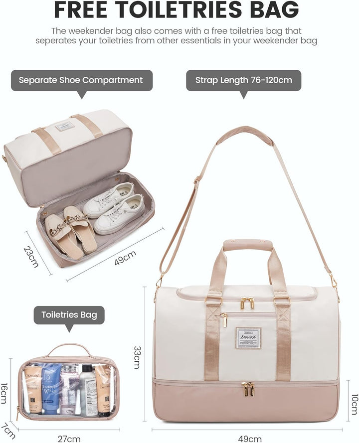 LOVEVOOK Reisetasche Damen, 37L Weekender Travel Bag Kliniktasche Geburt mit Kulturtasche, Schuhfach
