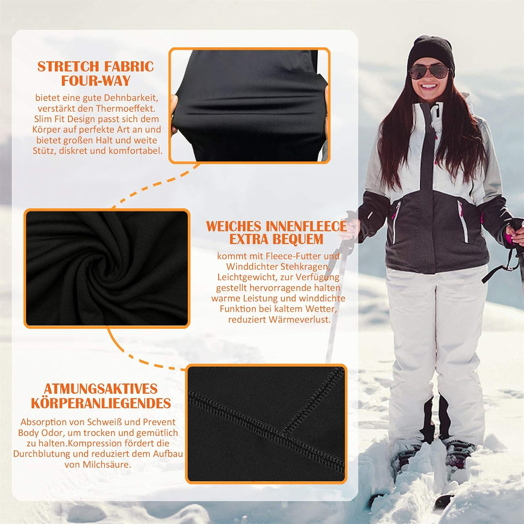 Thermounterwäsche Damen mit Winddichter Stehkragen, Thermowäsche Set Thermo Unterwäsche Skiunterwäsc