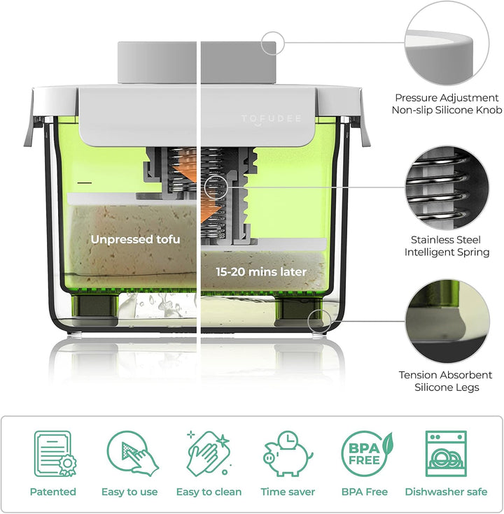 TOFUDEE Tofu Press mit automatischer IntelliSpring Patent-Verstellbarer veganer Tofu-Presser zur Bes