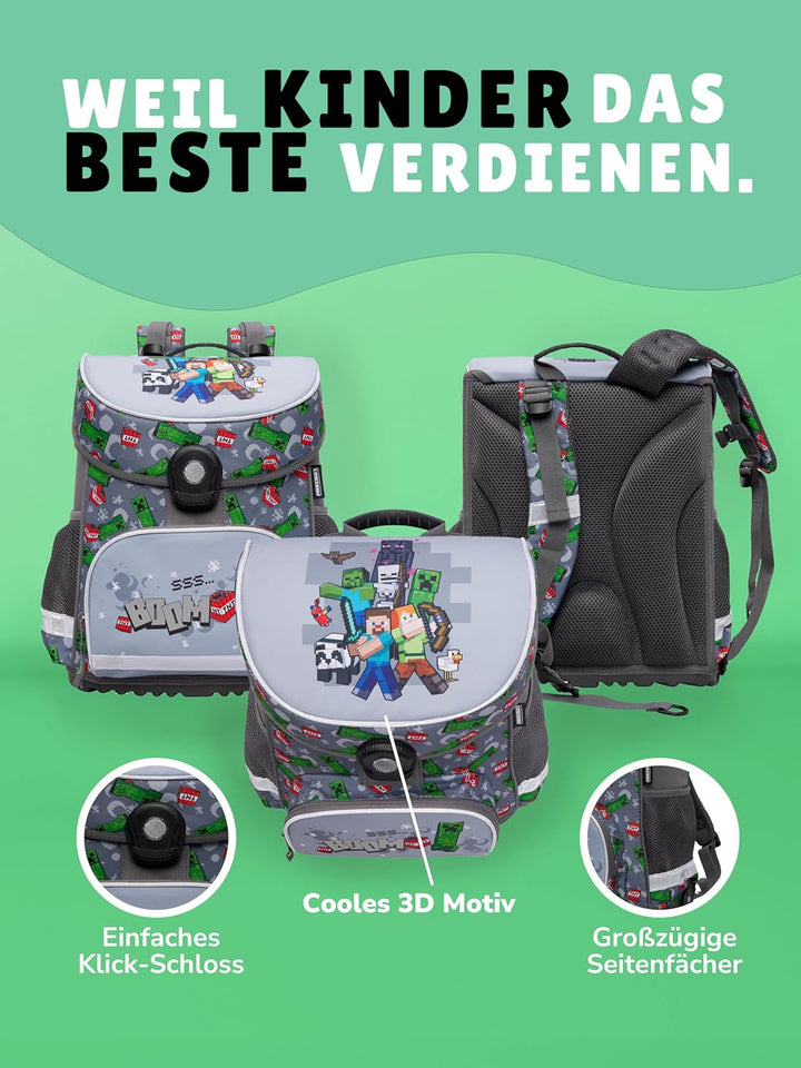 Familando - Schulranzen Set 6-teilig mit Federmappe - Minecraft - Ergonomisch, stabil & mit gepolste