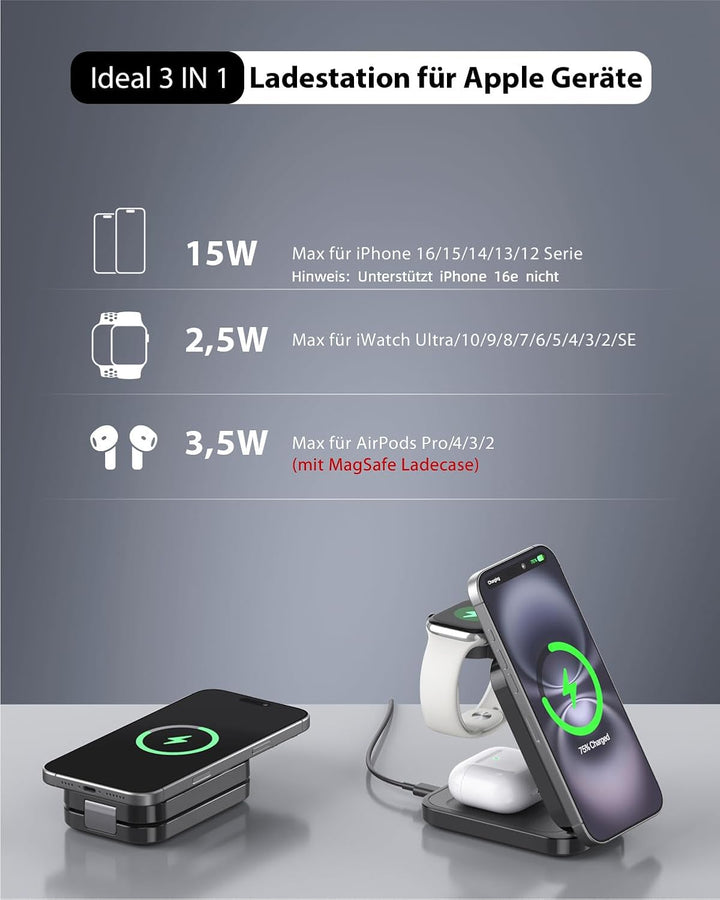 Ladestation kompatibel mit Apple Watch und iPhone,Super Tragbar Magsafe Ladegerät für iPhone 16 15 1