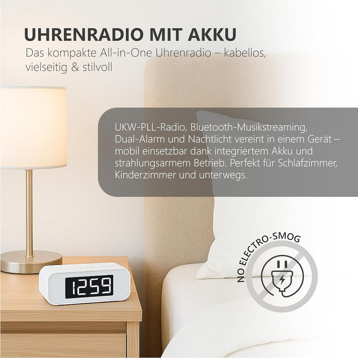 Silva Schneider UR 4200 BT – Kompaktes UKW-PLL-Uhrenradio mit Akku, Bluetooth, Dual-Alarm, Nachtlich