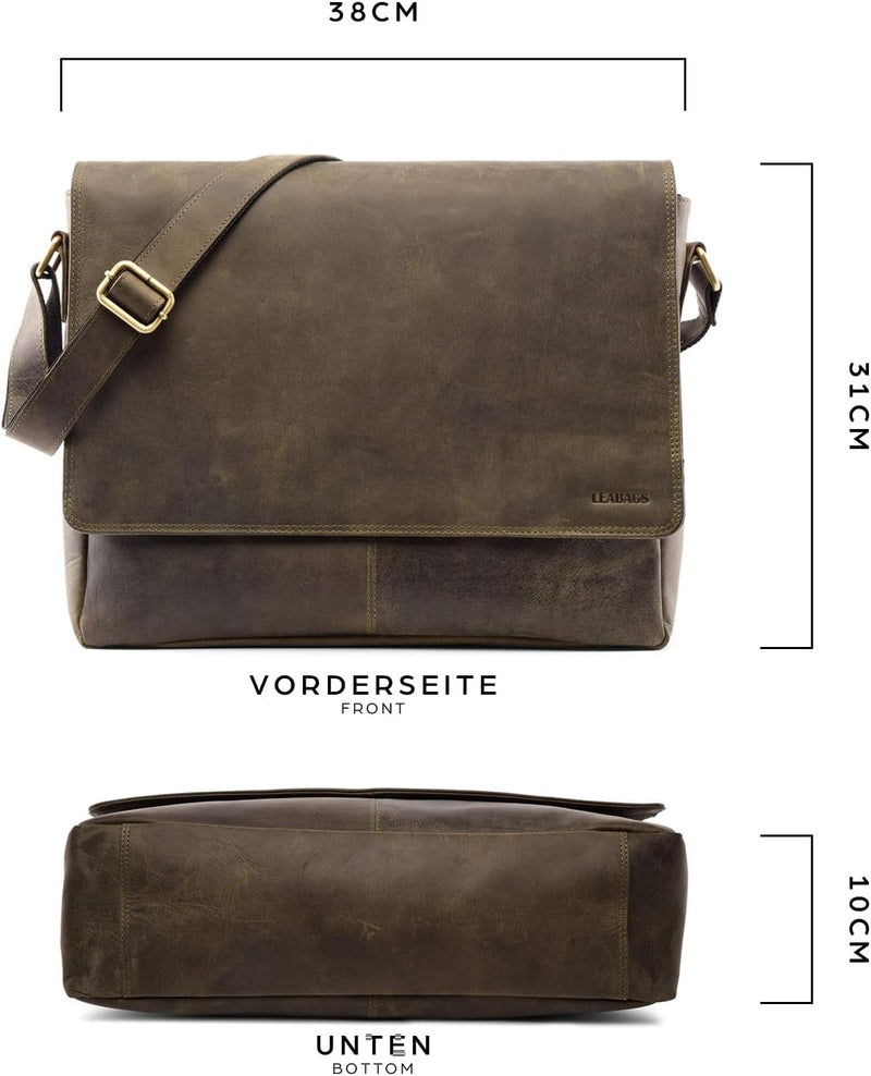 LEABAGS Leder Umhängetasche Herren & Damen I Messenger Bag mit Schultergurt I Echtleder Laptoptasche