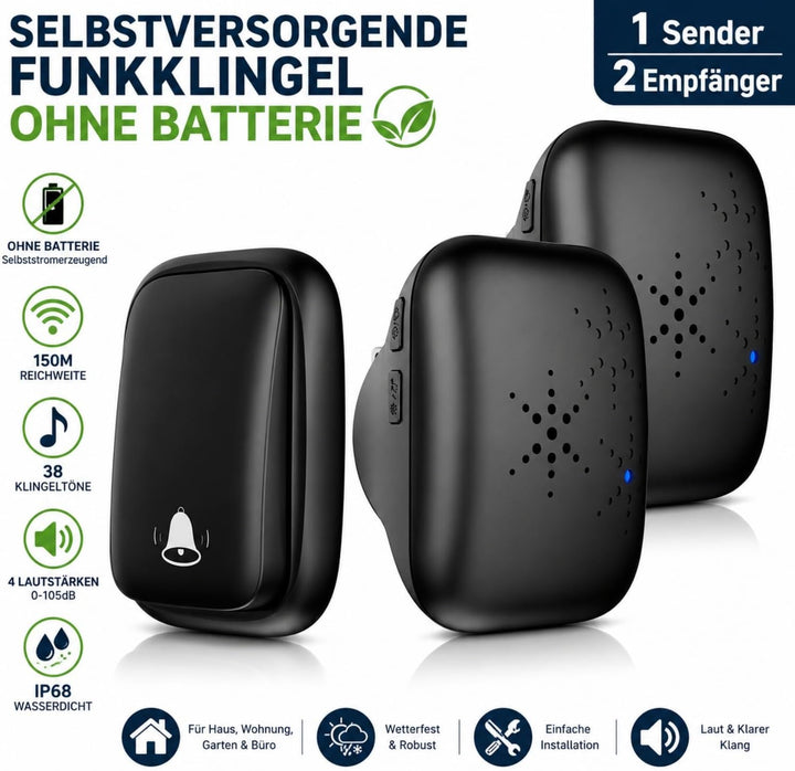 Drahtlose Funkklingel Ohne Batterie - Selbstversorgende Türklingel mit 1 Sender & 2 Empfängern, 150m