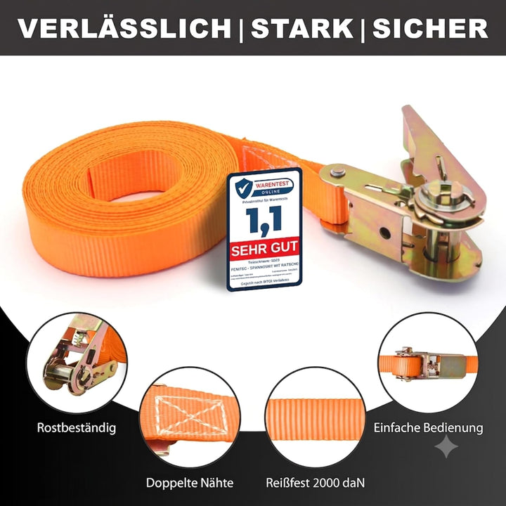 4X Spanngurte mit Ratsche 2000 kg Bruchlast – TÜV/GS EN 12195-2 geprüfte Zurrgurte 4M 25mm – Doppeln