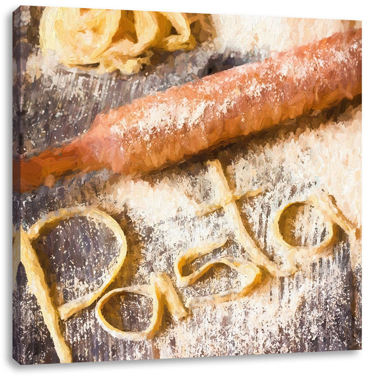 Pasta vor Nudelholz, Format: 70x70 auf Leinwand, XXL riesige Bilder fertig gerahmt mit Keilrahmen, K