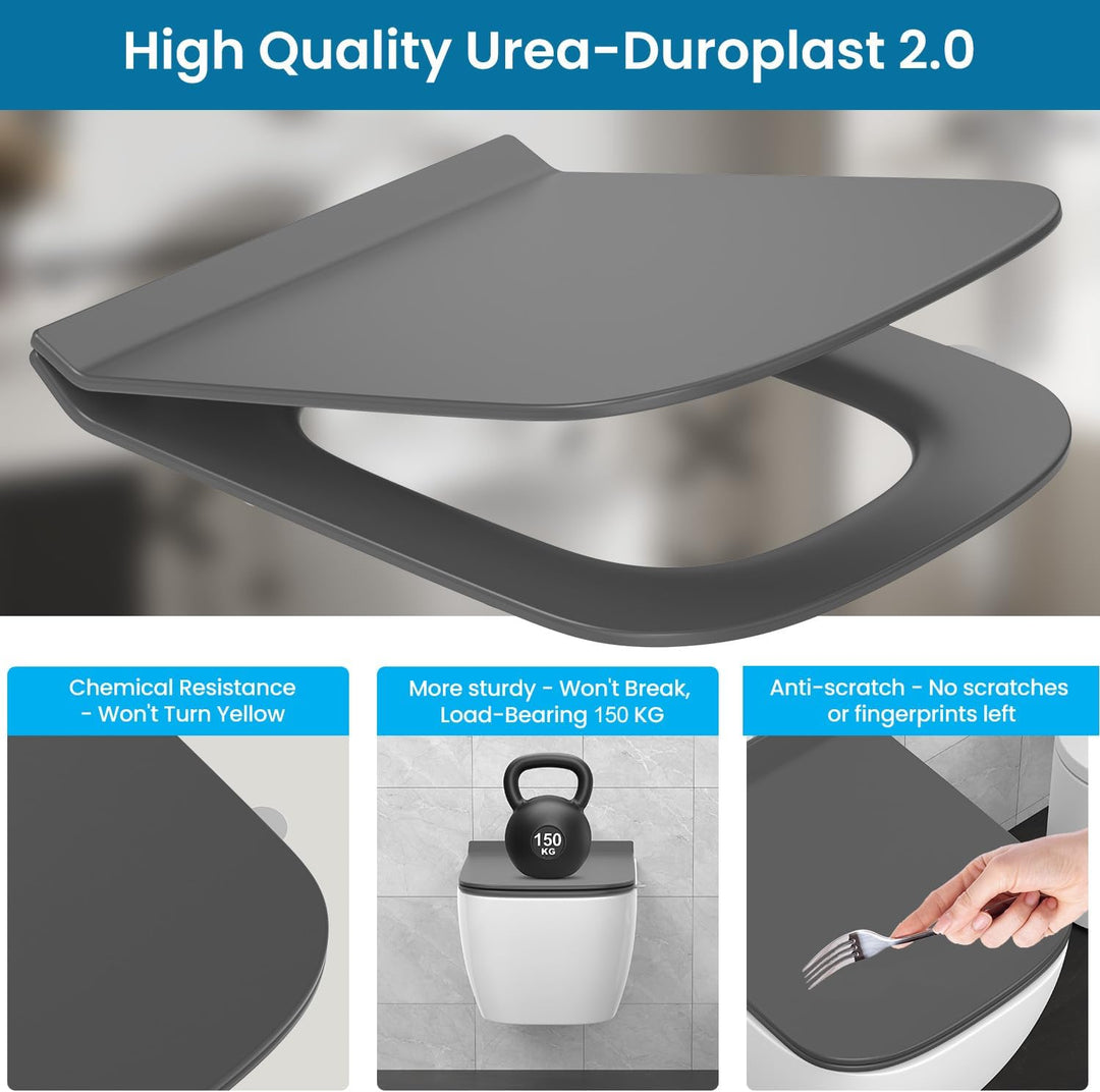 WC Sitz Eckig Form, Toilettendeckel mit Absenkautomatik, Klobrille Duroplast mit Schnellverschluss,
