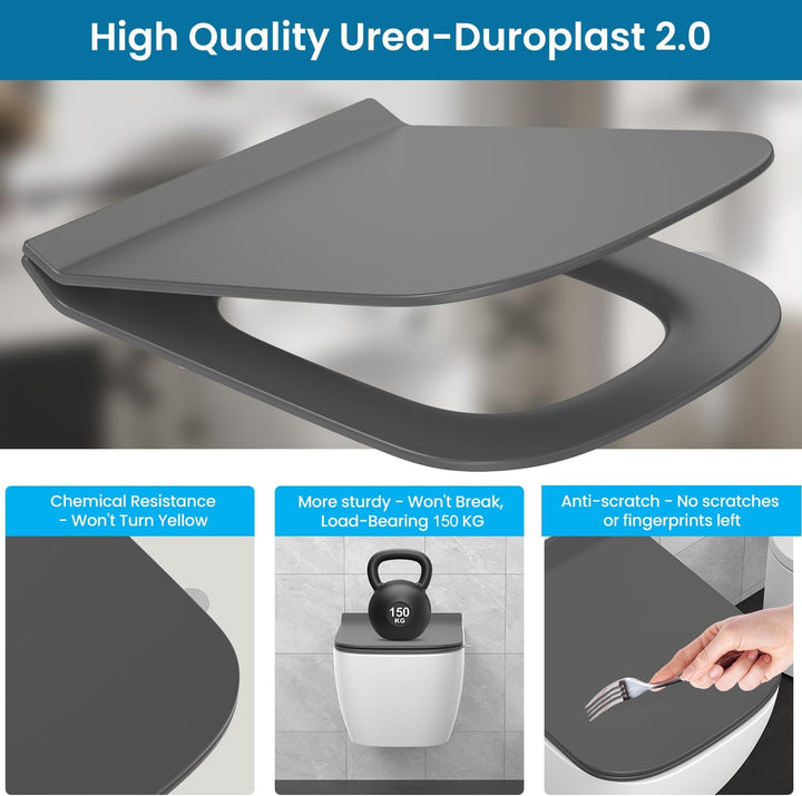 WC Sitz Eckig Form, Toilettendeckel mit Absenkautomatik, Klobrille Duroplast mit Schnellverschluss,