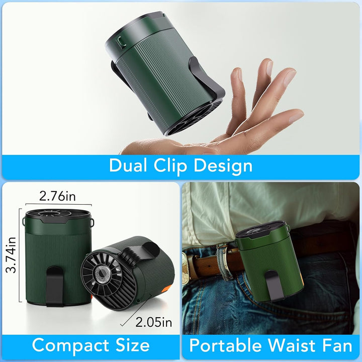 Tragbarer Ventilator Akku, Klein T Shirt Ventilator mit Clip, Aufladbarer Waist Fan on Belt, Turbo G