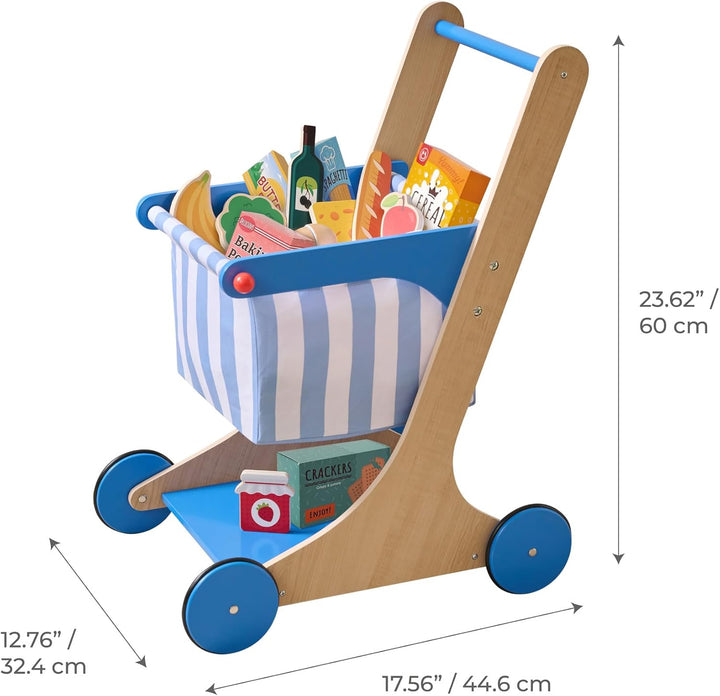 Teamson Kids Holz Einkaufswagen Spielzeug für Kinder mit Zubehör in Blau, Rollenspiel-Laden aus Holz