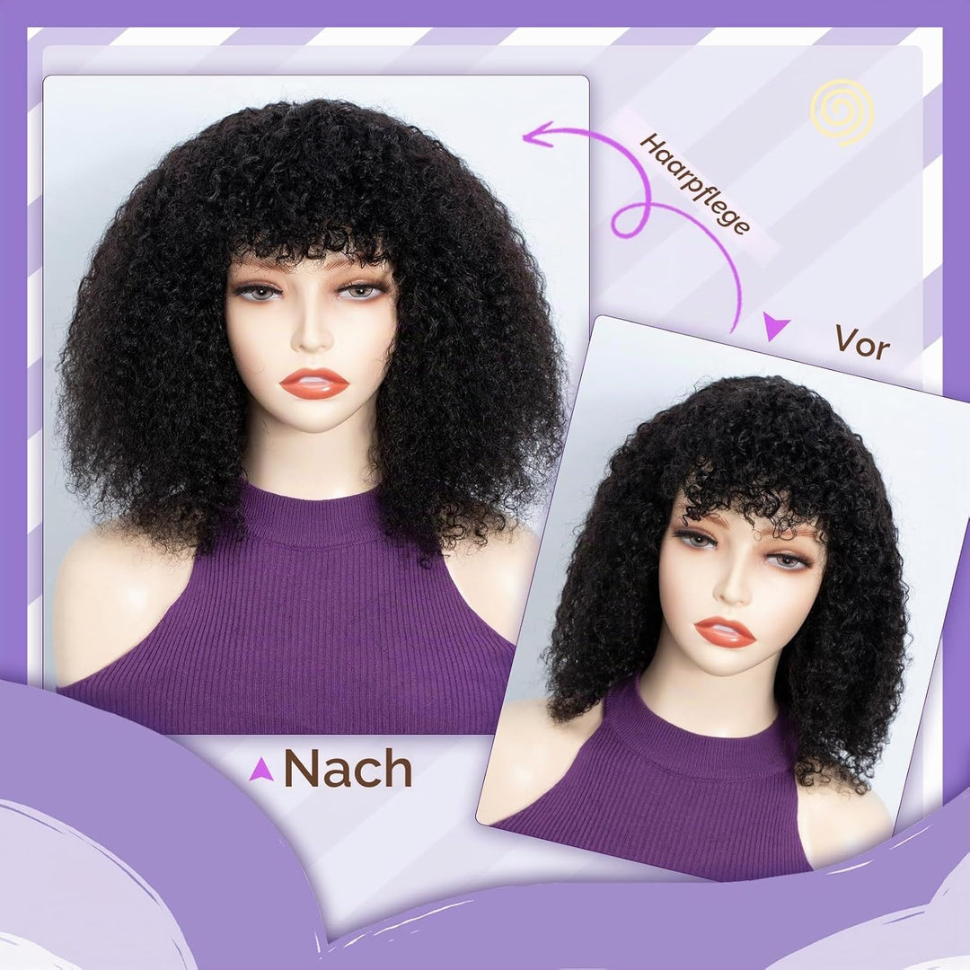 FASHION IDOL Kurzer lockiger Bob Echthaarperücken mit Pony Jerry Curl Brasilianisches Echthaar Keine