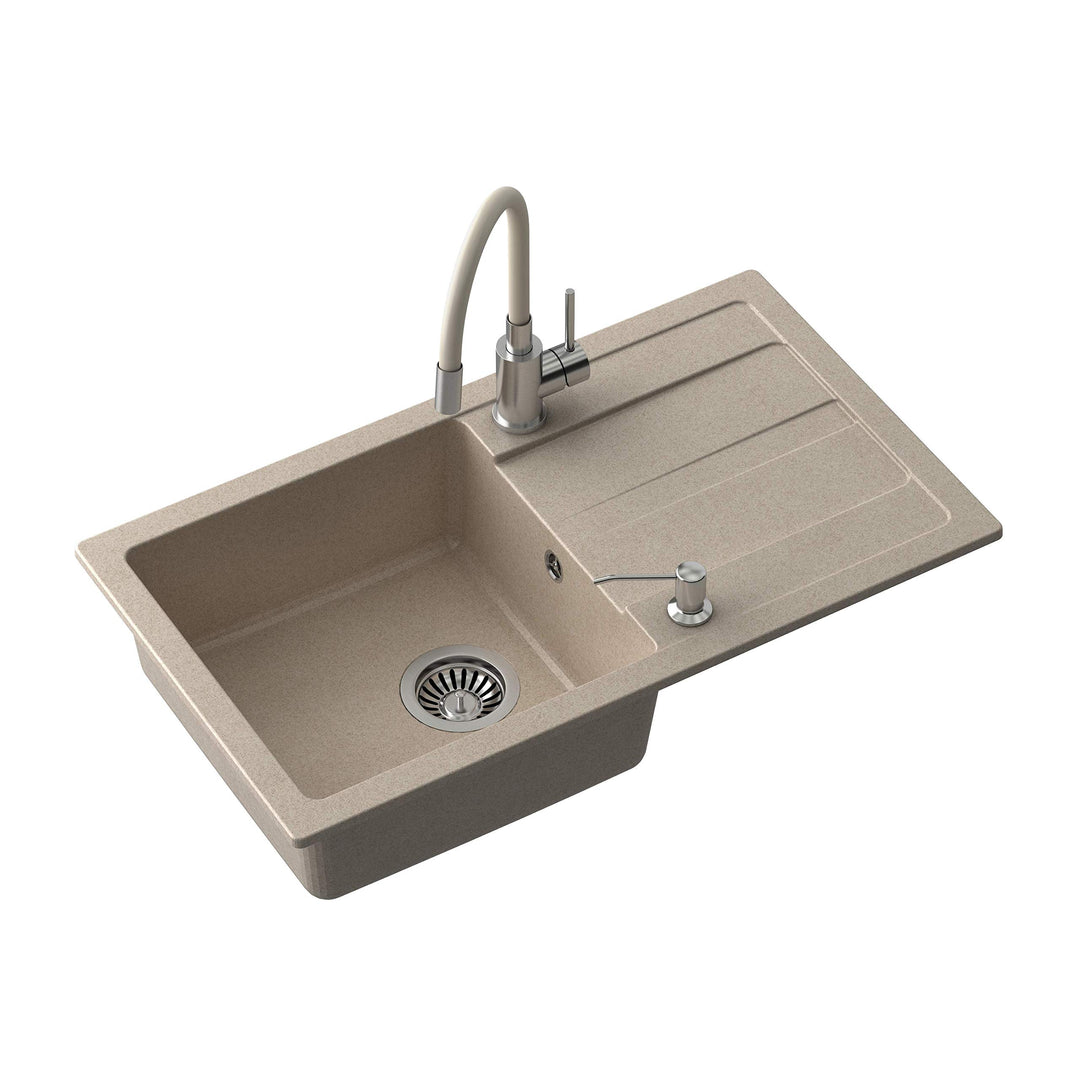 VBChome Spülbecken mit Armatur 77 x 44 cm Beige Granit Einzelbecken Einbauspüle Abtroffläche gespren