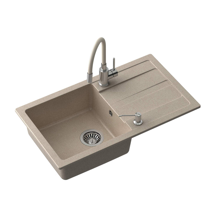 VBChome Spülbecken mit Armatur 77 x 44 cm Beige Granit Einzelbecken Einbauspüle Abtroffläche gespren