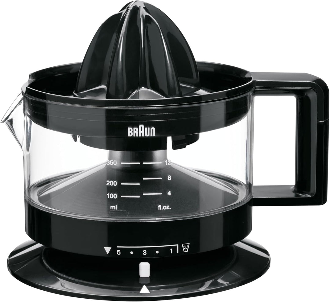 Braun CJ3000 BK Zitruspresse mit Schale präzisionskalibrierung 350 ml, Anzahl Fruchtfleisch dimmbar,