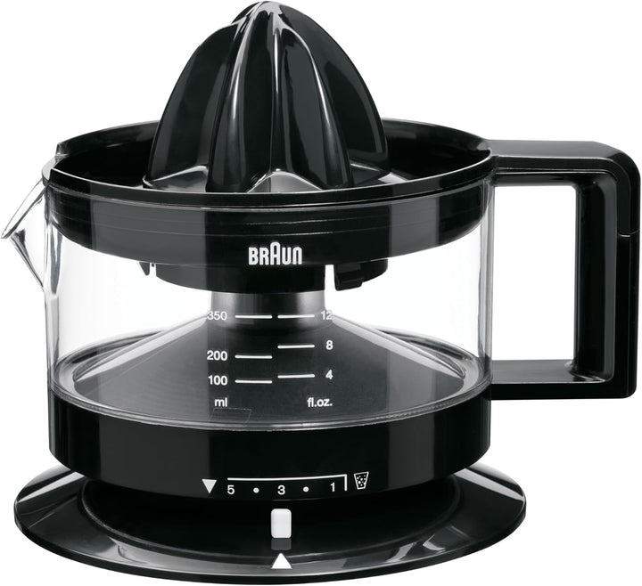 Braun CJ3000 BK Zitruspresse mit Schale präzisionskalibrierung 350 ml, Anzahl Fruchtfleisch dimmbar,