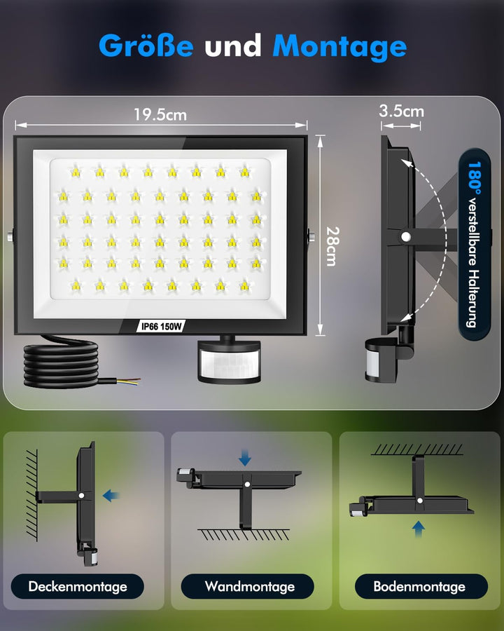LED Strahler mit Bewegungsmelder Aussen 150W 15000LM Fluter Flutlicht, 6500K 180°Erfassungsbereich S